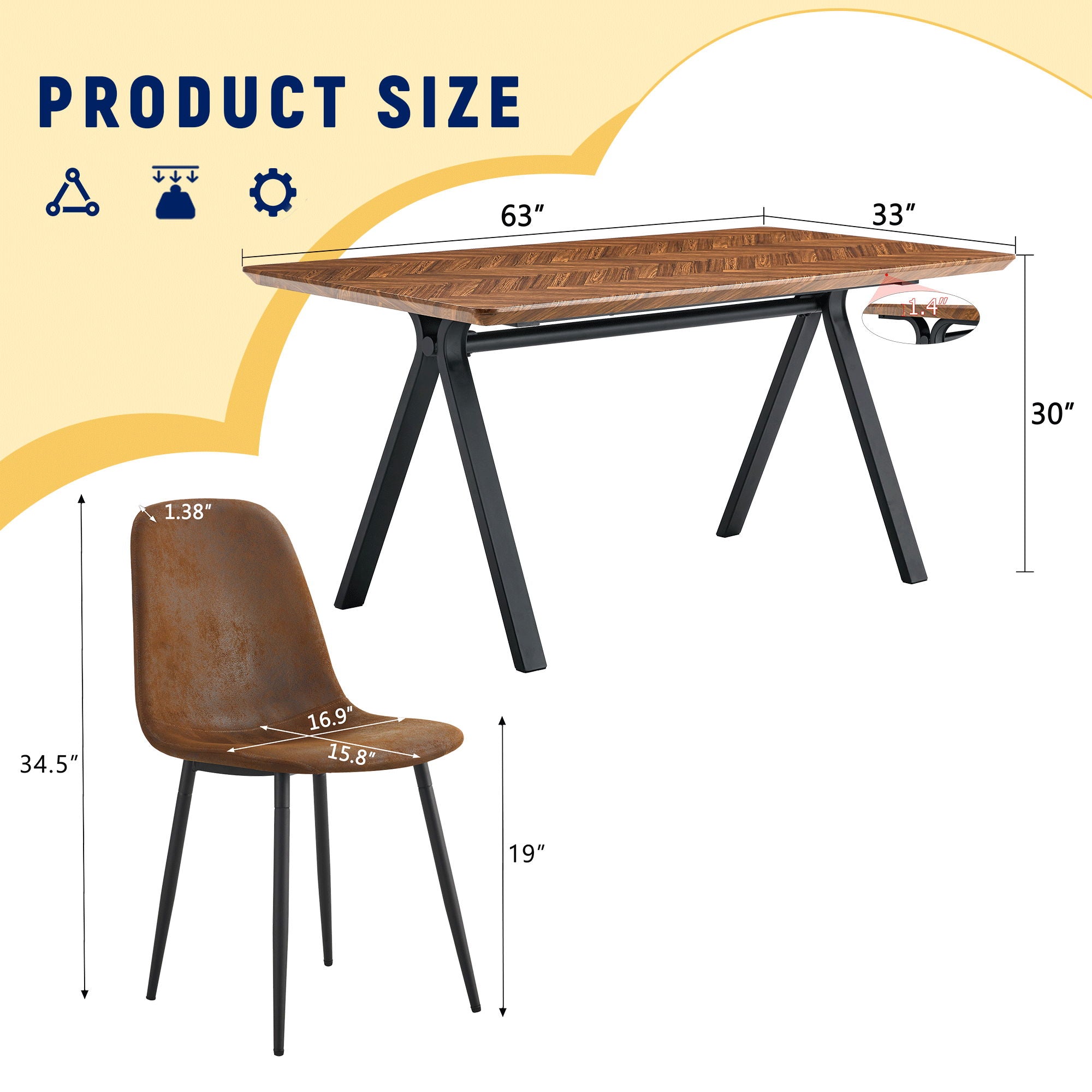 Suede Backrest Chairs With Metal Legs &amp; Herringbone Dining Table Set