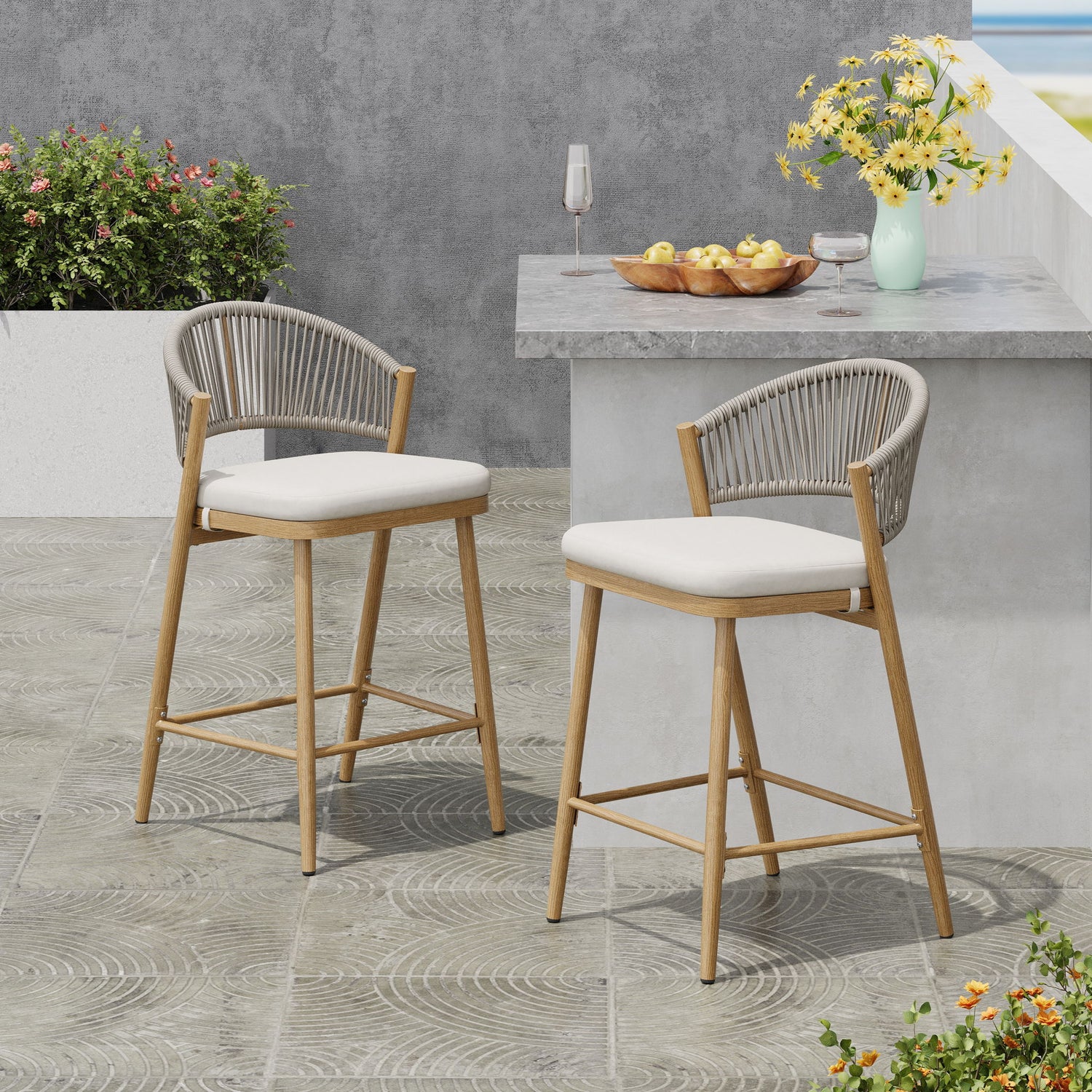 Outdoor 26&quot; Counter Height Metal Frame Counter Stools With Scallop Shaped Backrest &amp; Water Resistant Cushions