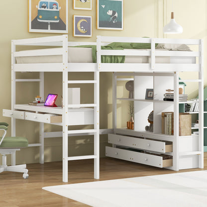 Full Size Loft Bed With Built In Desk, 2 Drawers, Storage Shelves - White