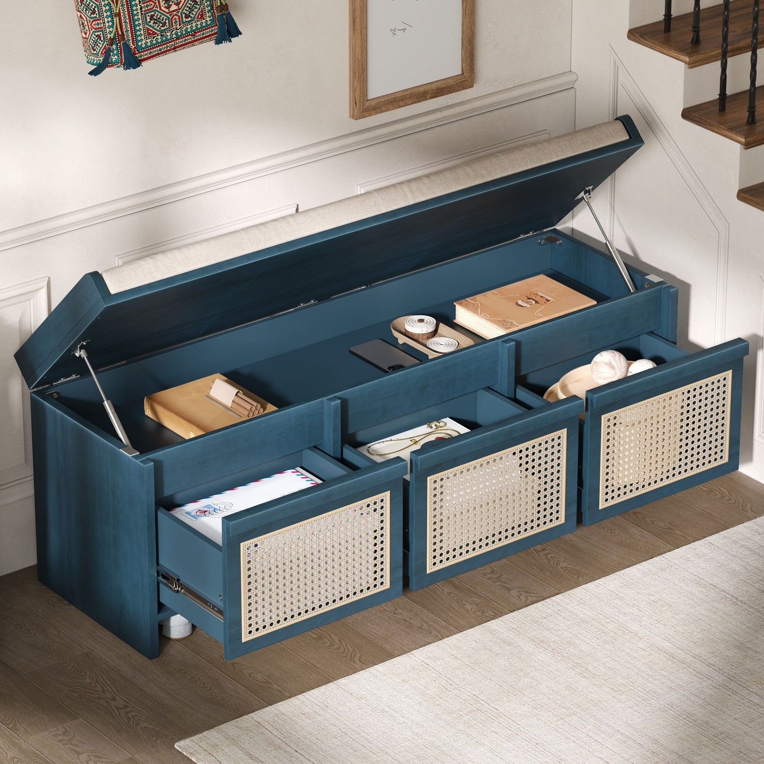 Entryway Shoe Bench With Drawers &amp; Button Tufted Cushion