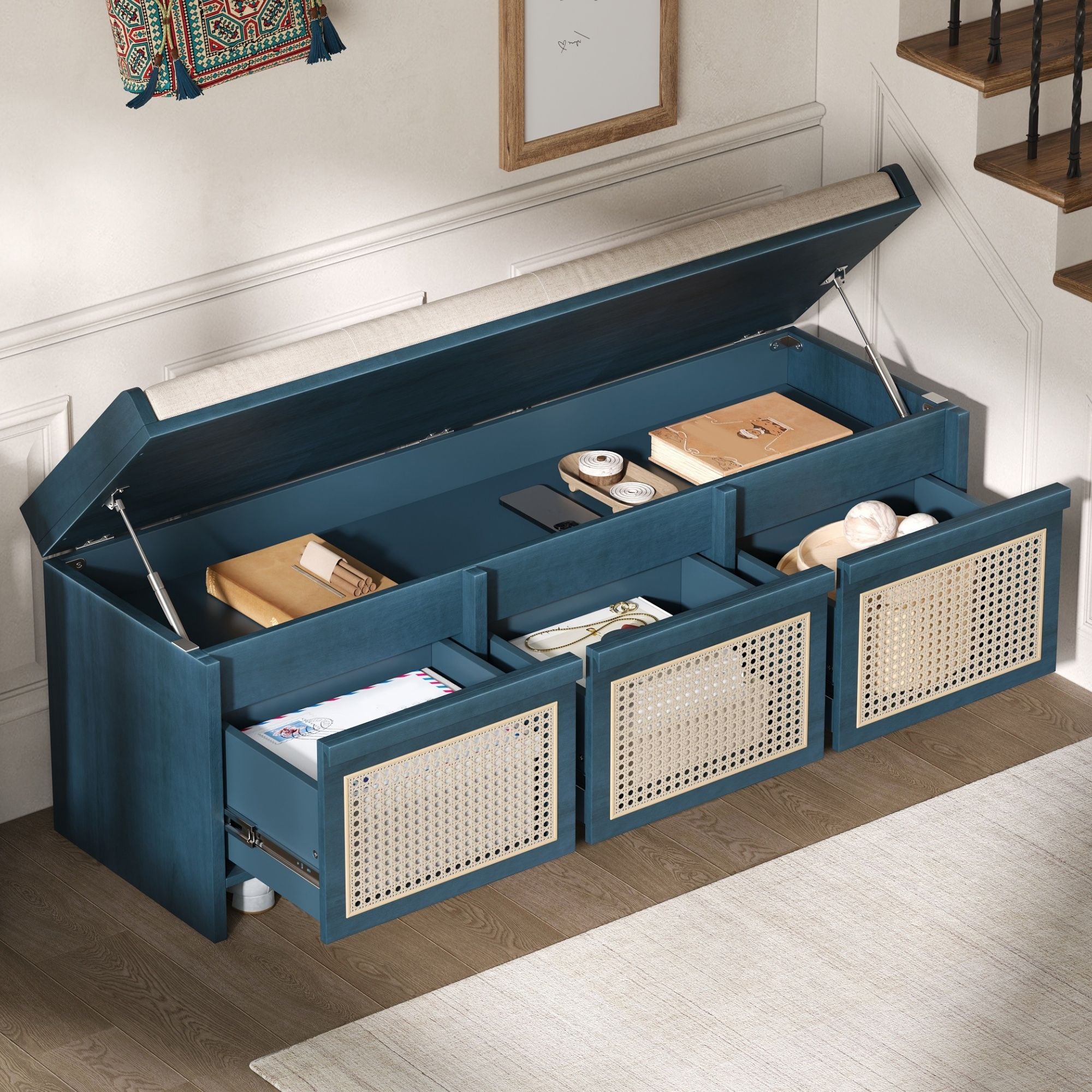 Entryway Shoe Bench With Drawers &amp; Button Tufted Cushion
