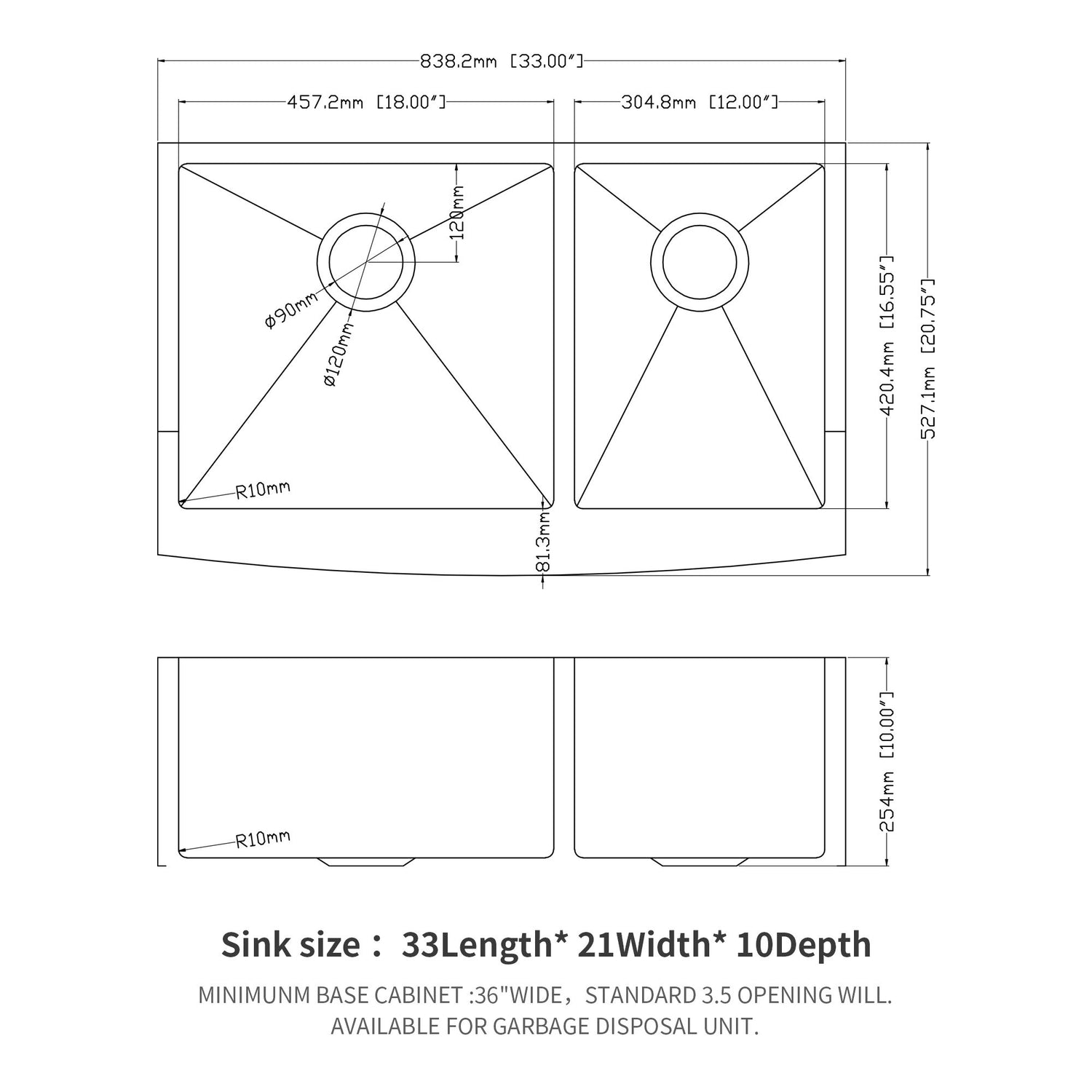Double Bowl Sink 60 / 40 Split Apron Front Kitchen Sink In 16 Gauge With 2 10&quot; Deep Basins 33&quot; X21&quot; X10&quot; - Brushed Nickel
