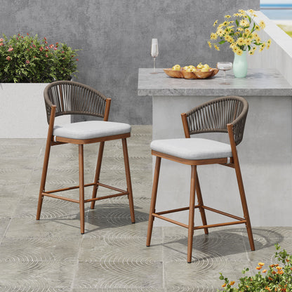 Outdoor 26&quot; Counter Height Metal Frame Counter Stools With Scallop Shaped Backrest &amp; Water Resistant Cushions