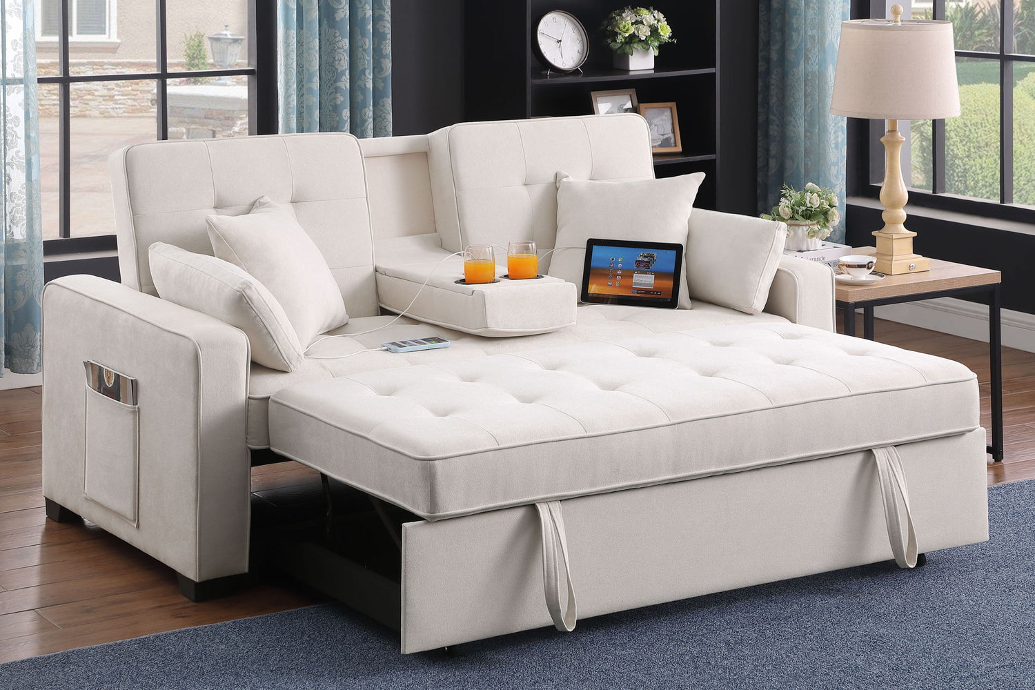 Cody II - 69.5&quot;W Woven Fabric Convertible Sleeper Loveseat with Cup Holder