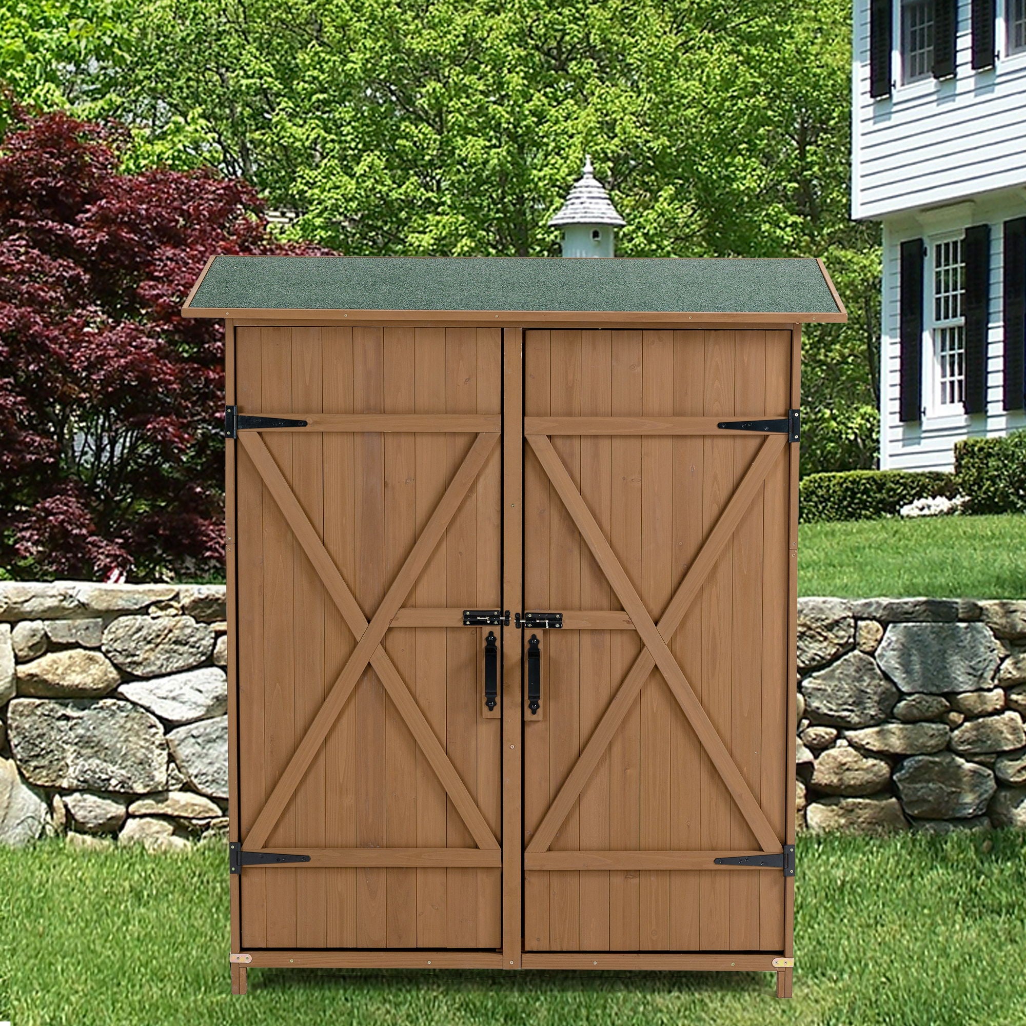 Outdoor Storage Shed With Lockable Door, Wooden Tool Storage Shed With Detachable Shelves &amp; Pitch Roof