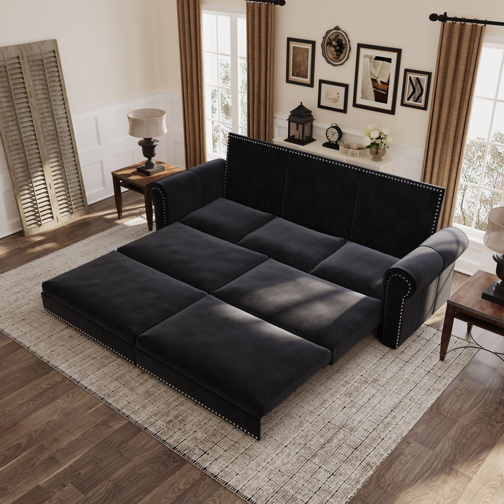 3 In 1 Convertible Sleeper Sofa With Nailhead Trim &amp; Rolled Arm