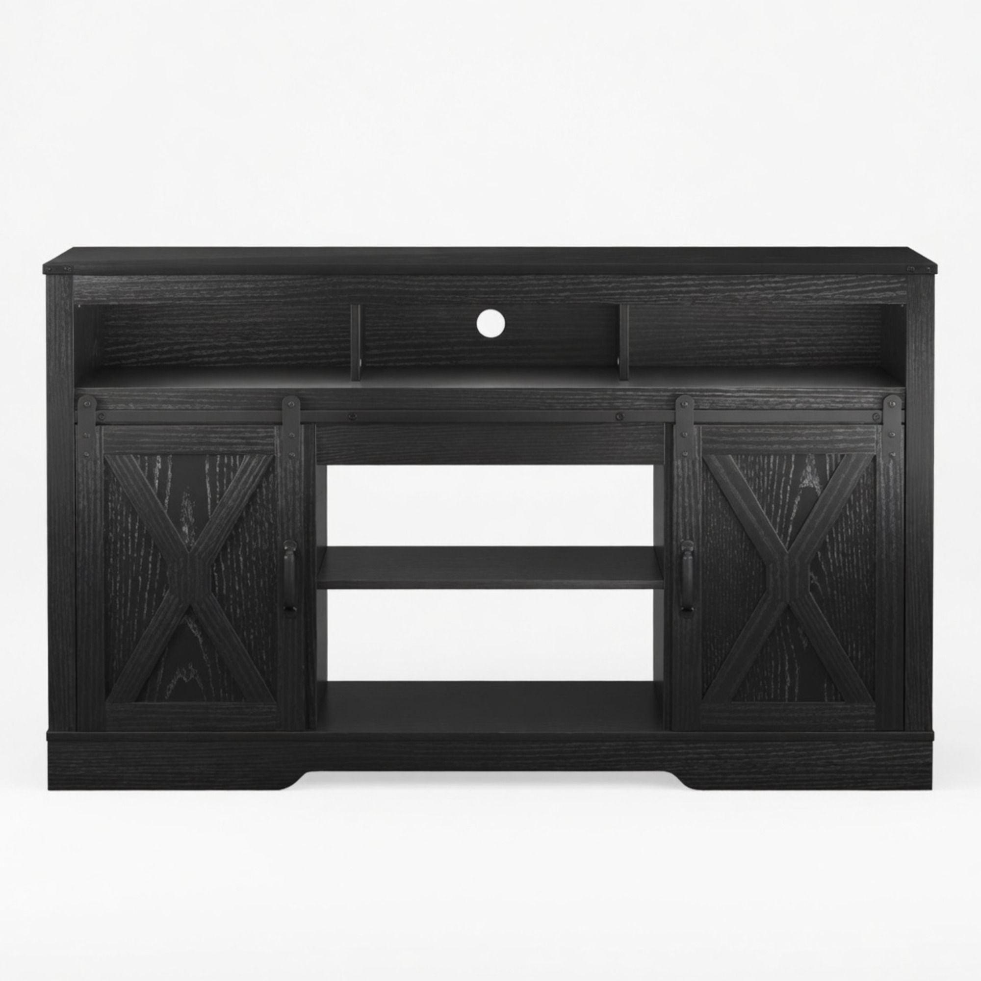 Farmhouse TV Stand With Sliding Barn Doors &amp; Adjustable Storage