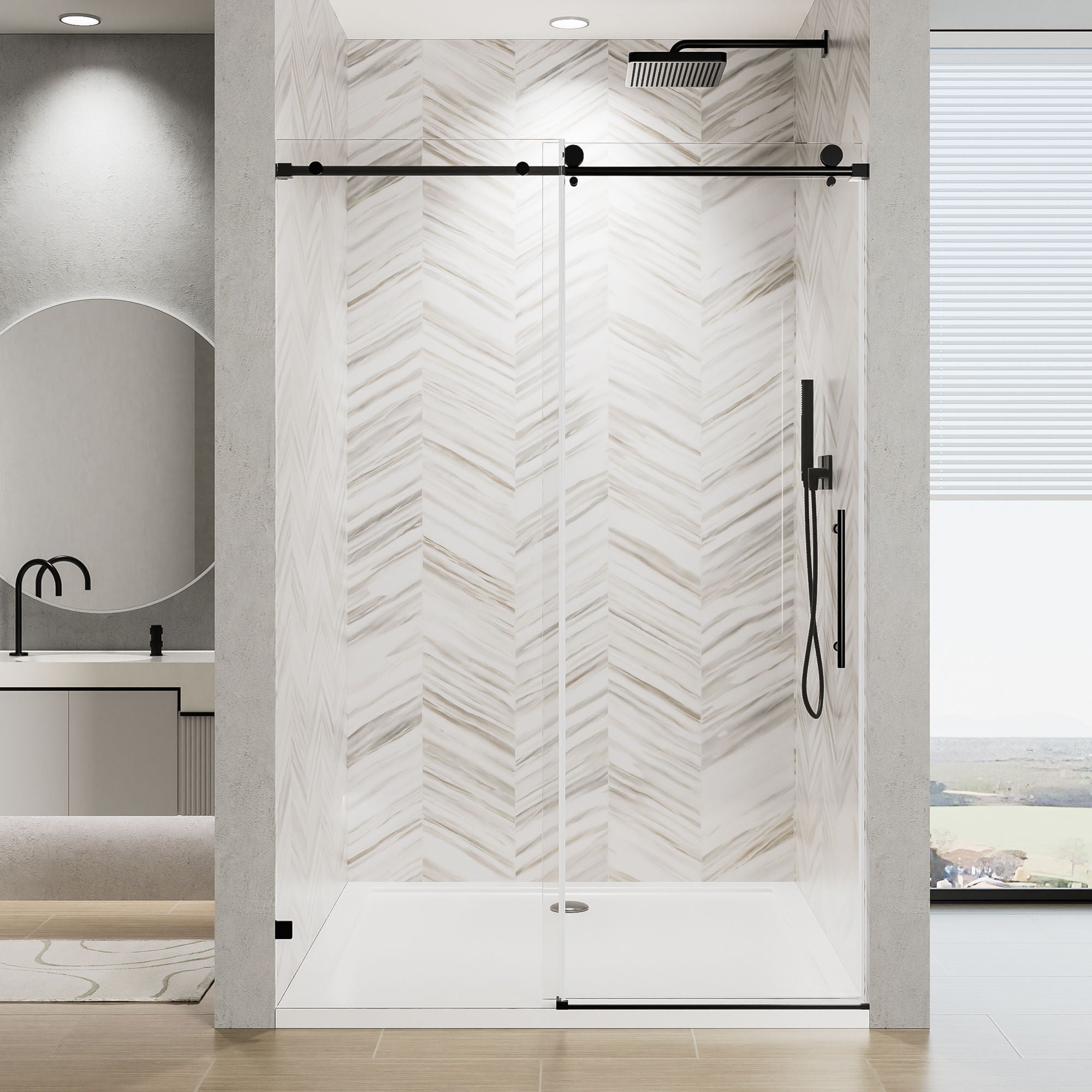 Frameless Single Sliding Soft Close Shower Door, 5 / 16&quot; Clear Nano Coated Tempered Glass And 304 Stainless Steel Handle - Matte Black