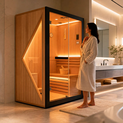 Double Indoor Stove Sauna Room With LED Lighting - Almond