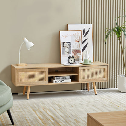 55.12&quot; Rattan TV Cabinet, Double Sliding Doors For Storage, Adjustable Shelf, Solid Wood Legs, TV Console For Living Room
