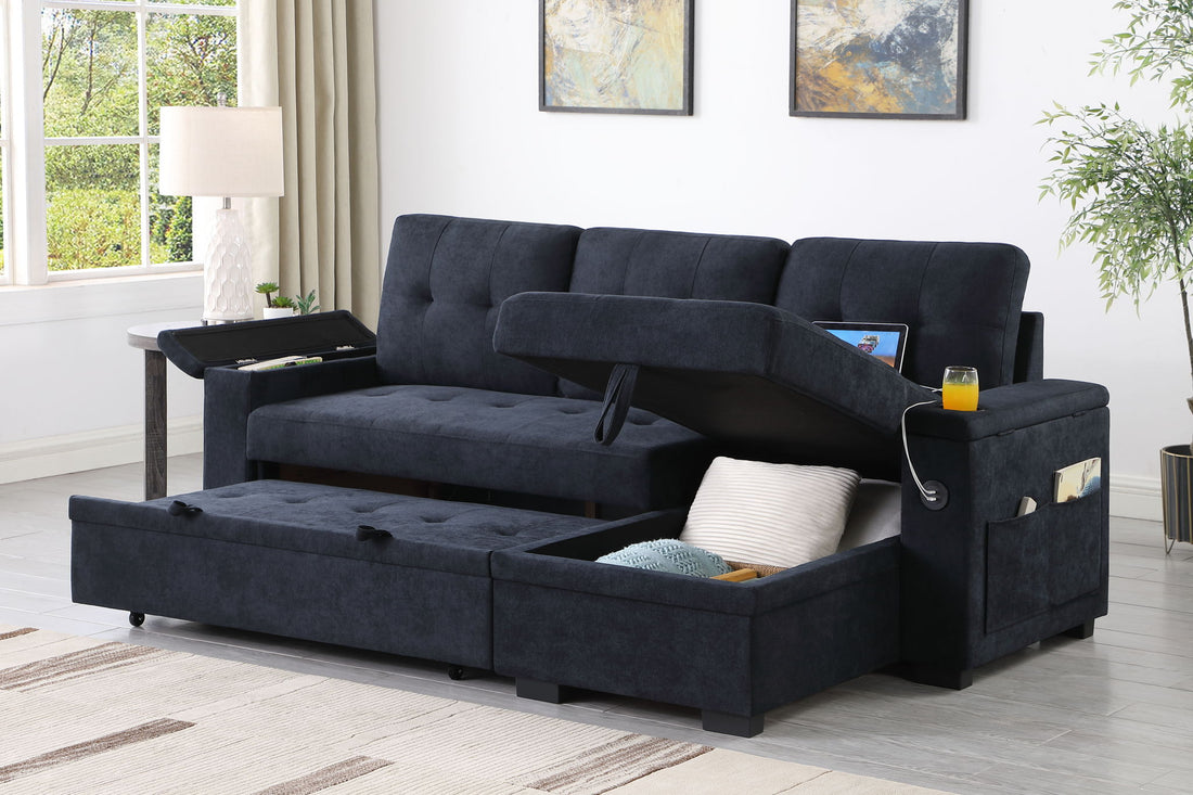 Ashlyn II - 84&quot;W Woven Fabric Reversible Sleeper Sectional Sofa with Storage Chaise