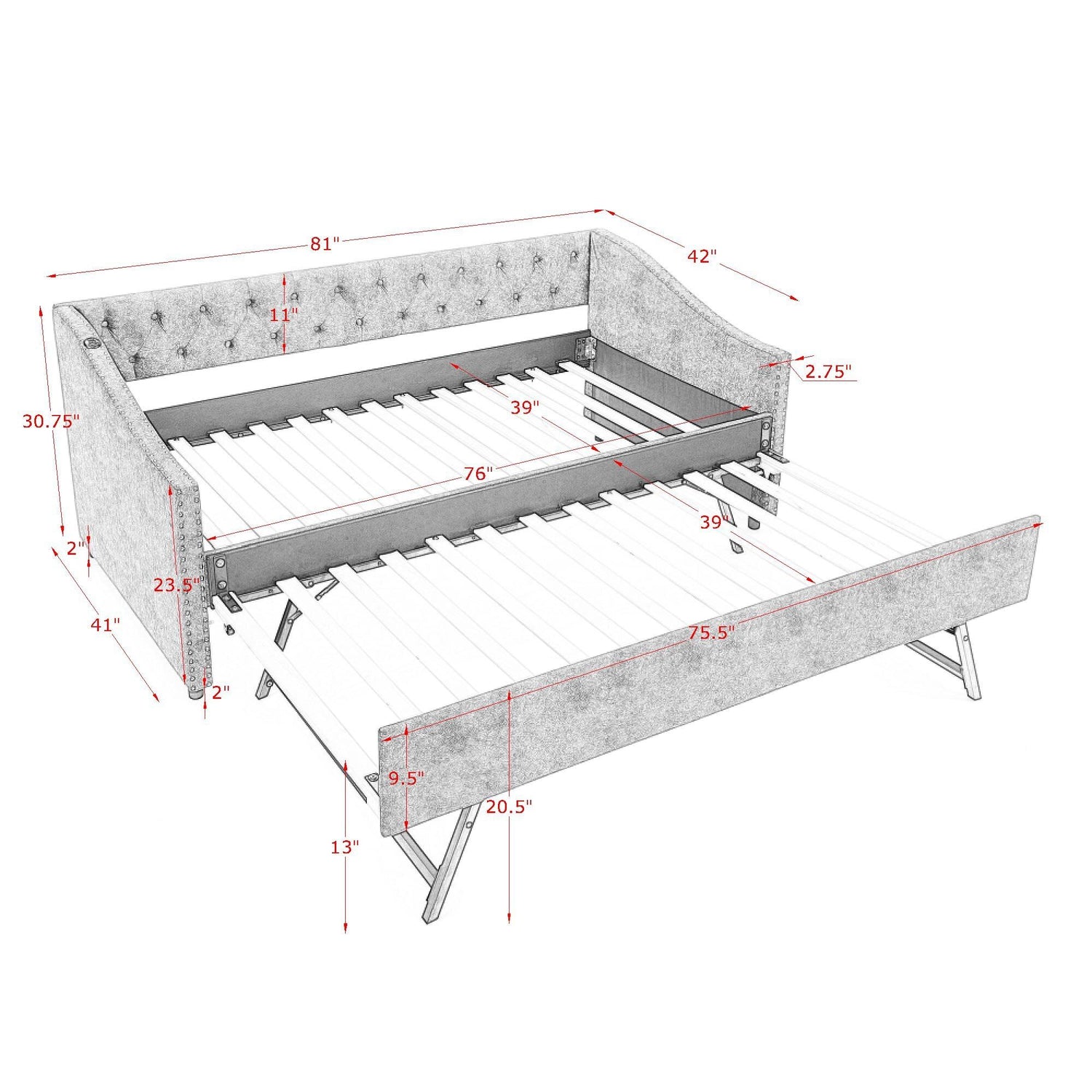 Upholstered Daybed With USB Charging &amp; Pull Out Bed