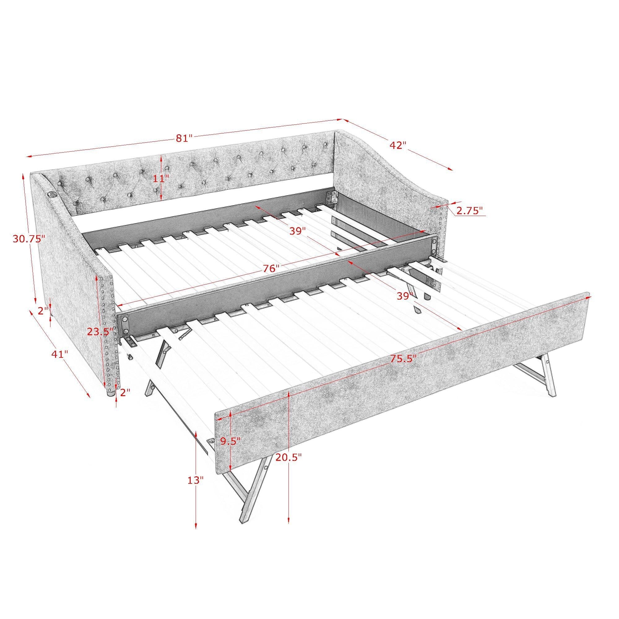 Upholstered Daybed With USB Charging &amp; Pull Out Bed
