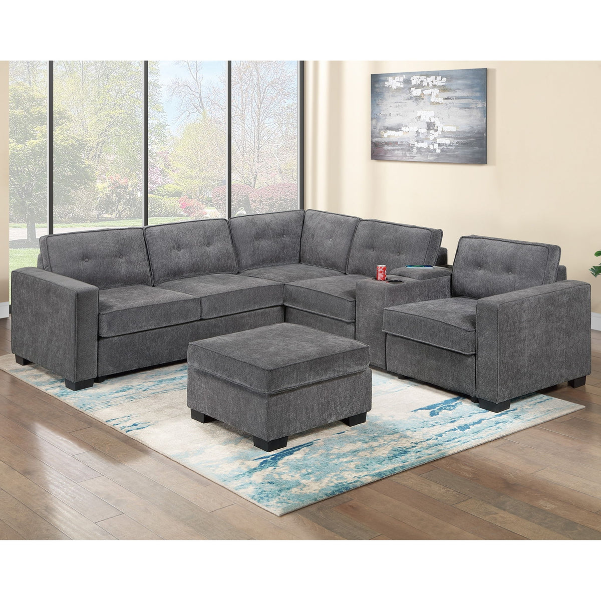 Sectional Set With Reversible Loveseat, USB Console, Corner Wedge &amp; Ottoman
