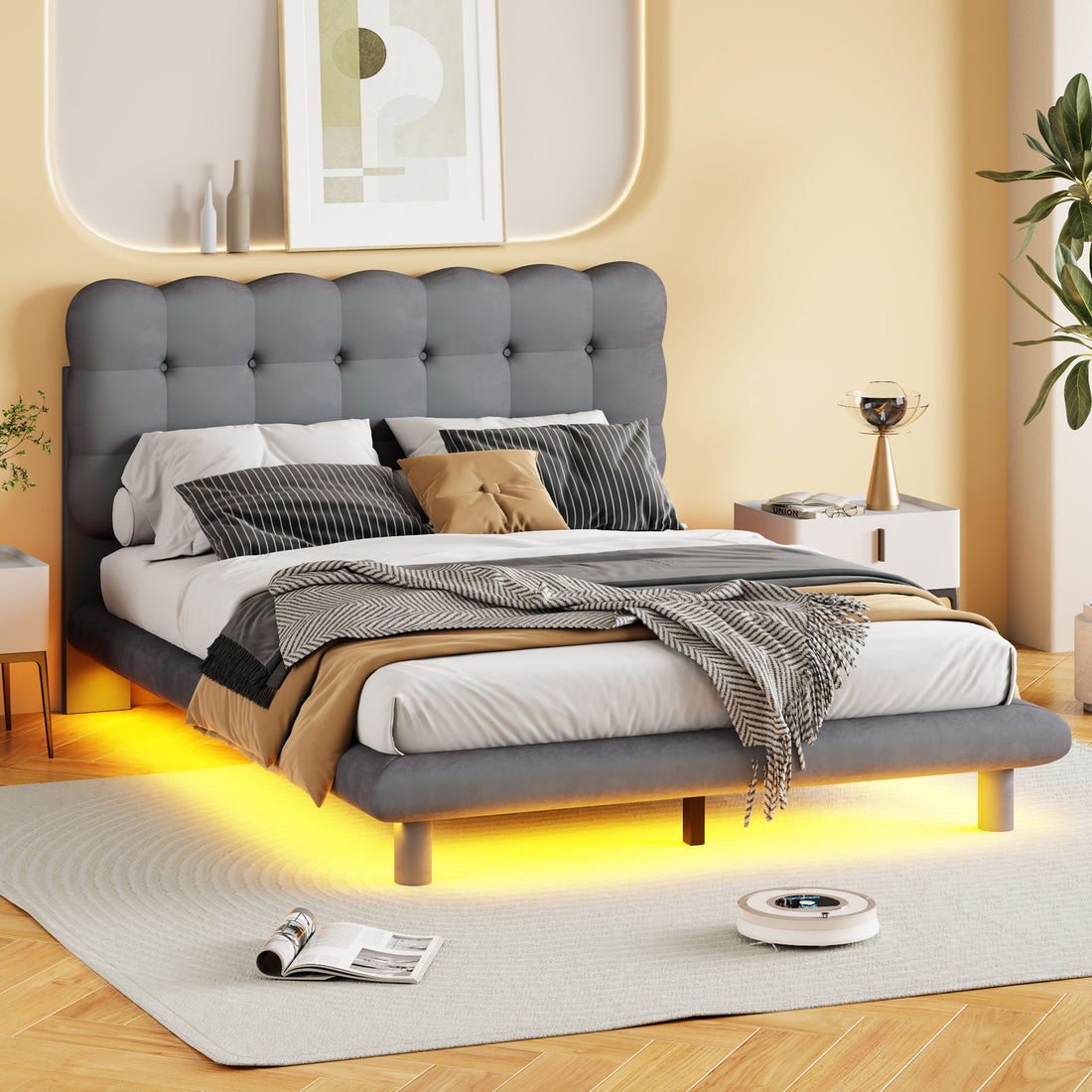 Platform Bed With LED Frame, Thick &amp; Soft And Button Tufted Design Headboard