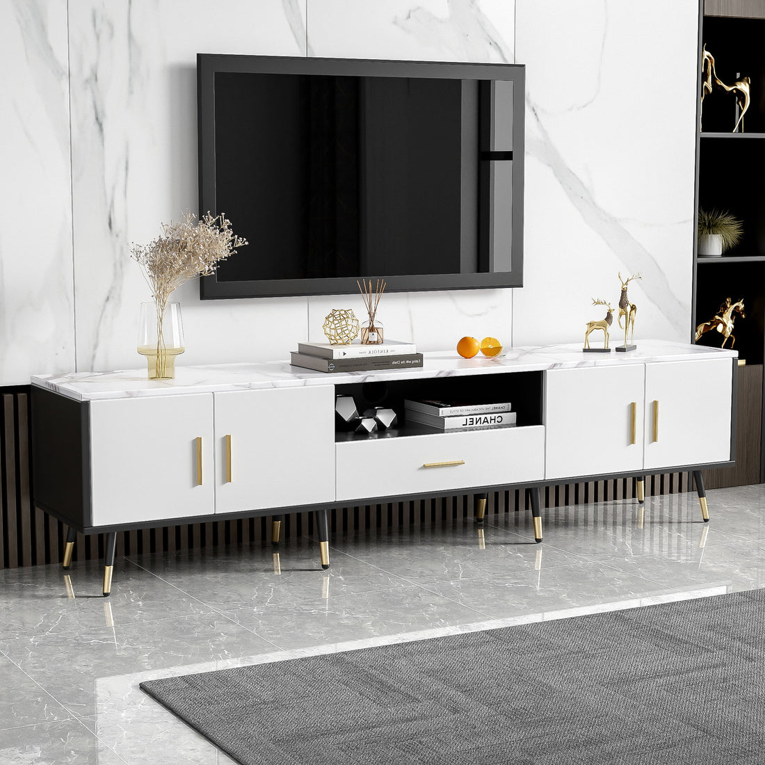 Modern TV Stand With 2 Cabinets &amp; Open Compartments, Entertainment Center For Tvs Up To 80&
