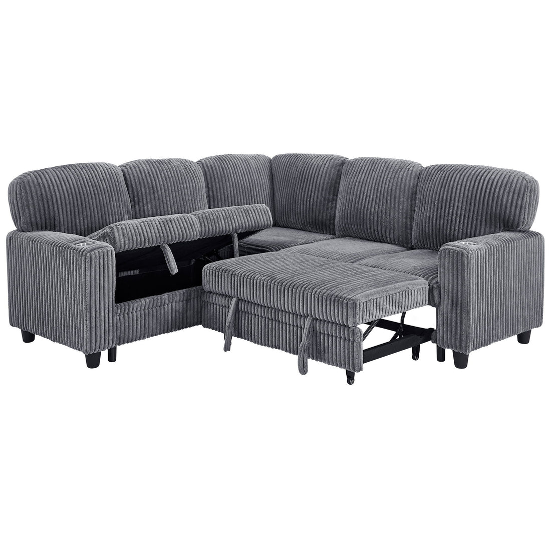 L-Shaped Sectional Sofa Bed With Pull Out Bed &amp; Storage, 5 Seat Sleeper Couch With USB Charging For Living Room - Gray