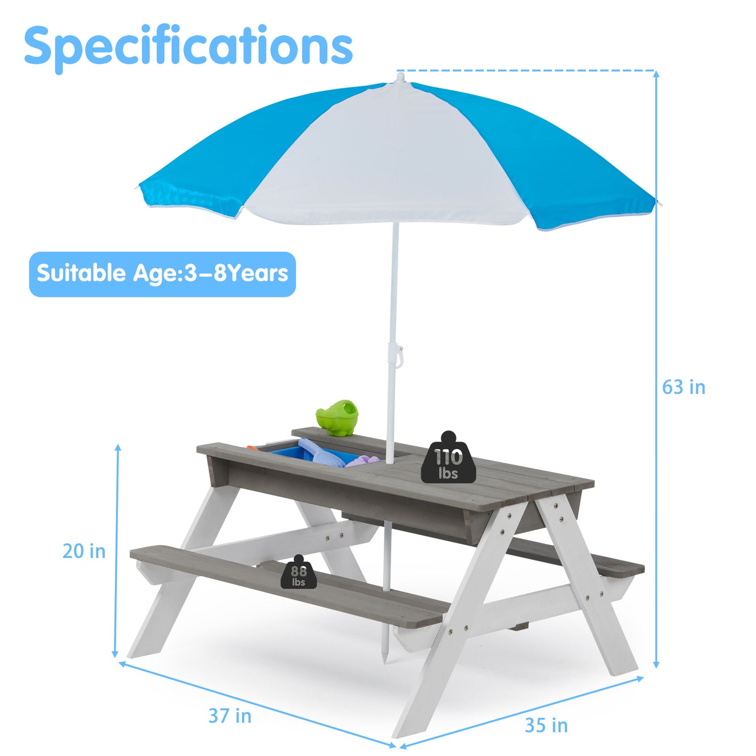 3-In-1 Kids Outdoor Wooden Picnic Table With Umbrella, Convertible Sand &amp; Water, ASTM &amp; CPSIA Certification