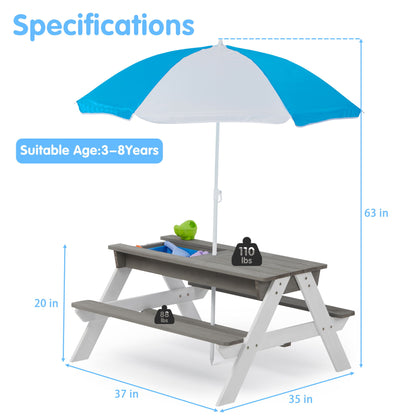 3-In-1 Kids Outdoor Wooden Picnic Table With Umbrella, Convertible Sand &amp; Water, ASTM &amp; CPSIA Certification