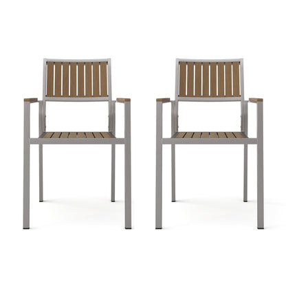 Stylish Modern Faux Wood &amp; Aluminum Outdoor Dining Chairs, (Set of 2) - Natural