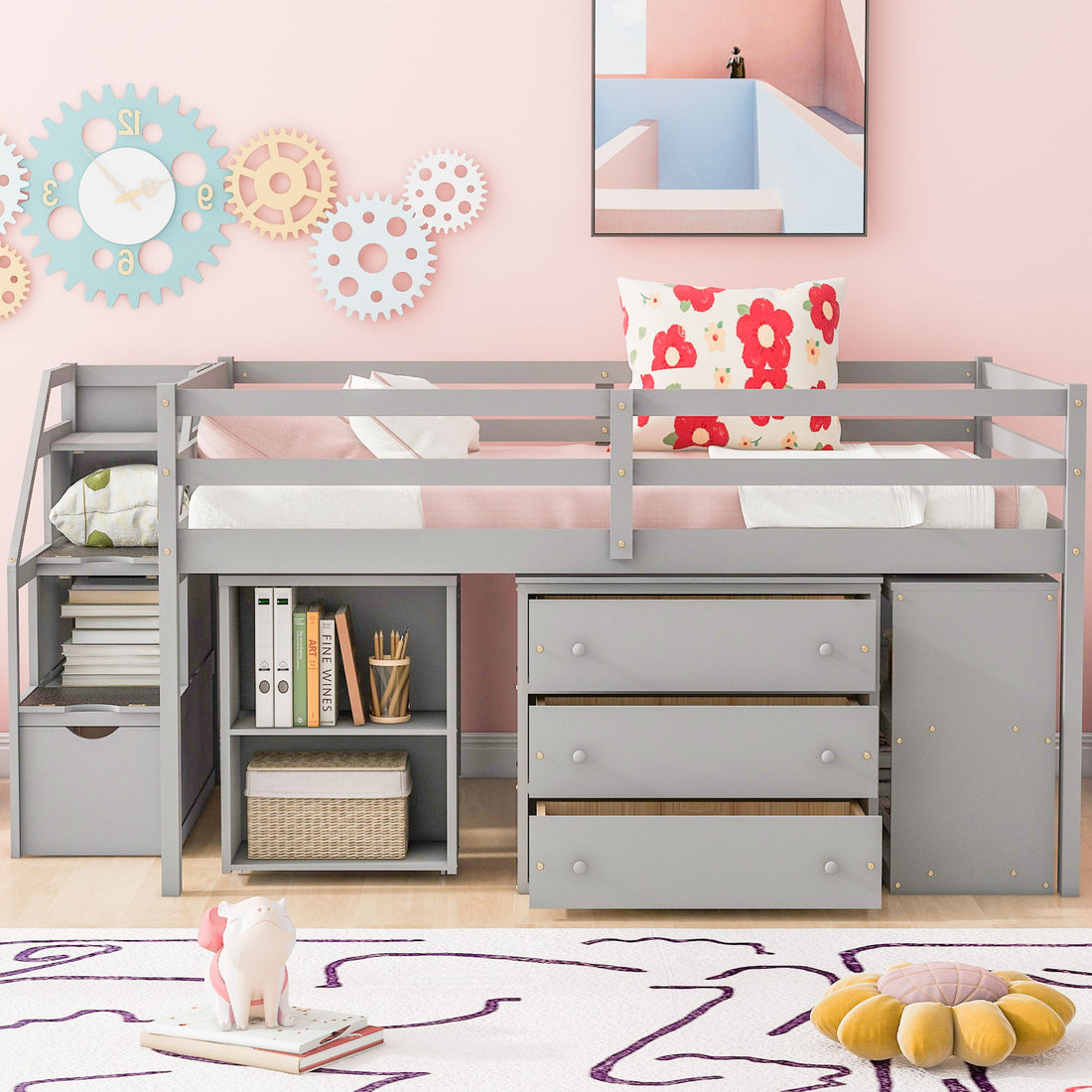 Loft Bed With Retractable Writing Desk And 3 Drawers With Storage Stairs And Shelves
