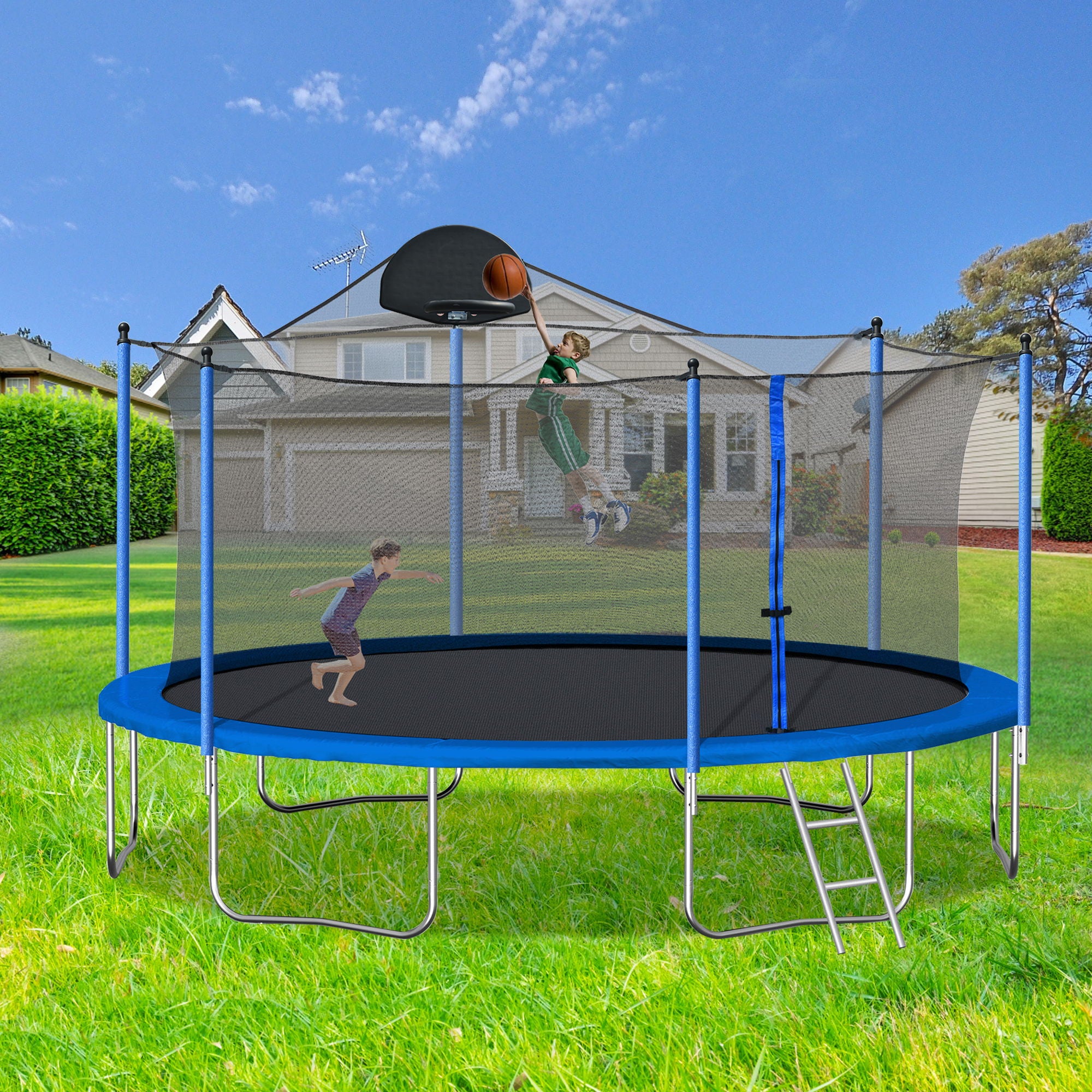 14Ft Trampoline For Adults &amp; Kids With Basketball Hoop, Outdoor Trampolines With Ladder And Safety Enclosure Net For Kids And Adults, Double-Side Color Cover - Blue