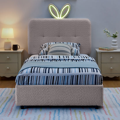 Upholstered Bed With Oversized Rabbit Ear Headboard, LED Lights &amp; 4 Storage Drawers