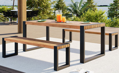 3 Pieces Outdoor Dining Table With 2 Benches, Patio Dining Set With Unique Top Texture, Acacia Wood Top &amp; Steel Frame, All Weather Use, For Outdoor &amp; Indoor - Natural