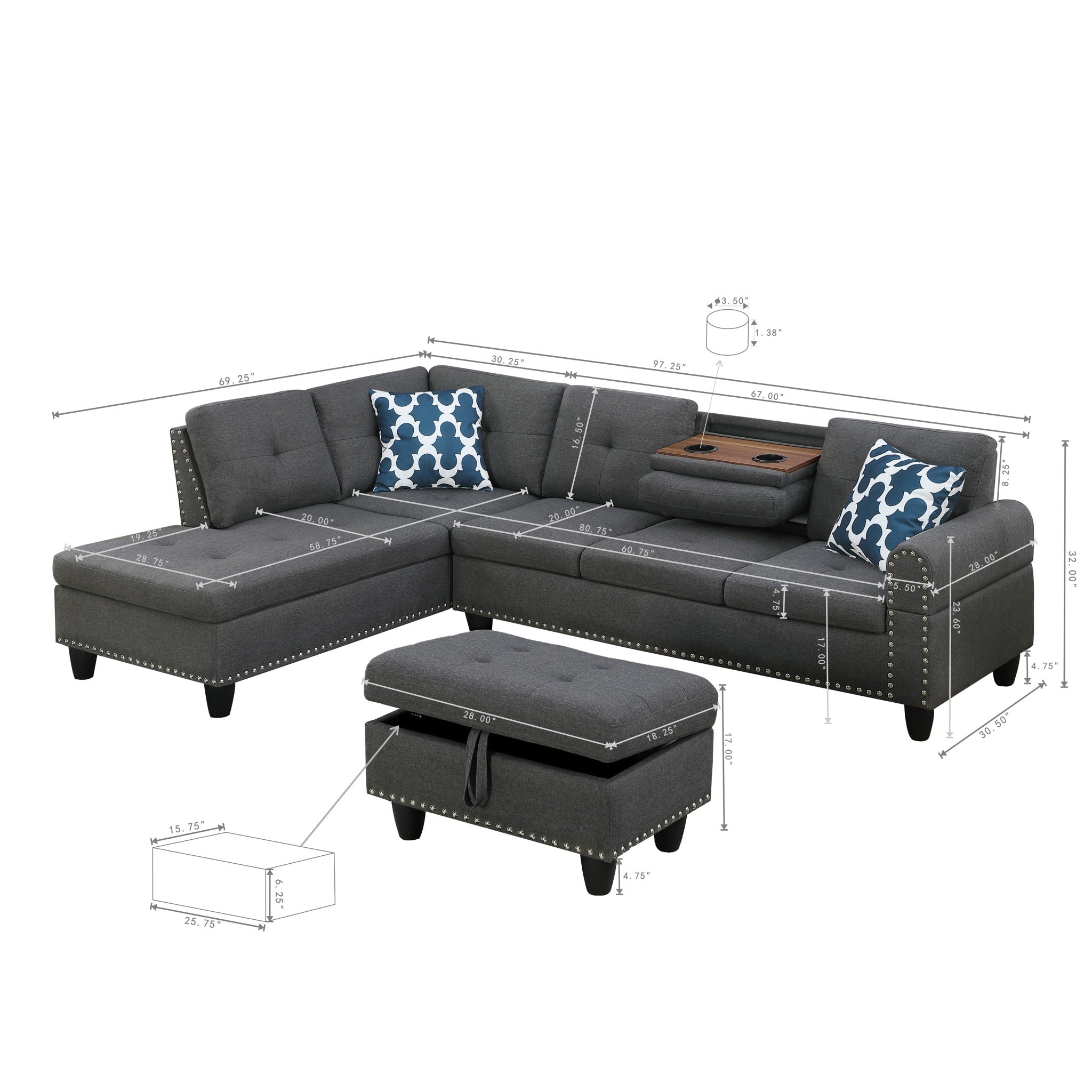 Alger - Left Hand Facing Sofa &amp; Chaise With Ottoman - Dark Gray