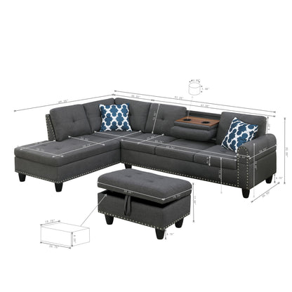 Alger - Left Hand Facing Sofa &amp; Chaise With Ottoman - Dark Gray