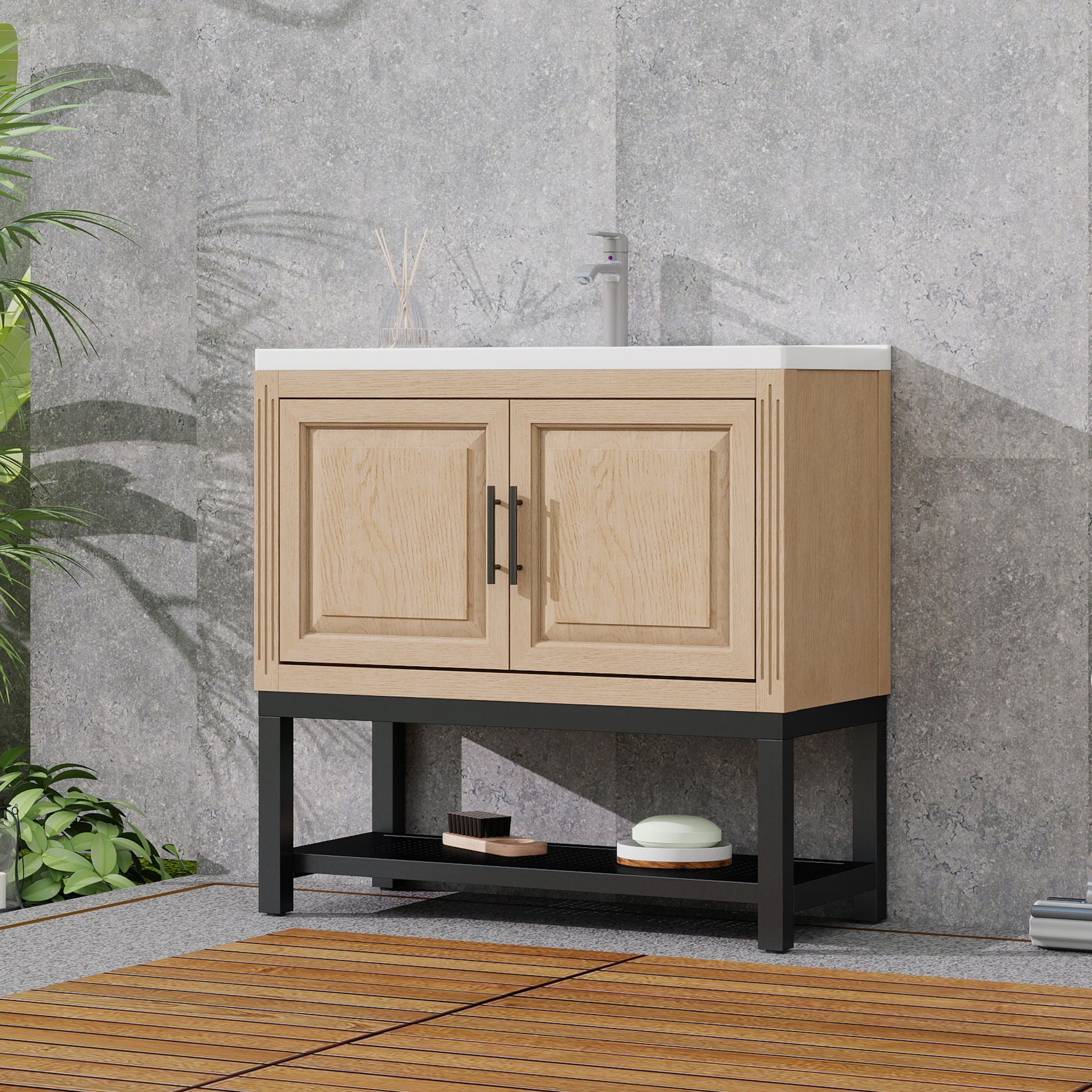 Modern Freestanding Bathroom Vanity With Ceramic Sink, Hot And Cold Faucet, Storage Cabinet &amp; Open Shelf