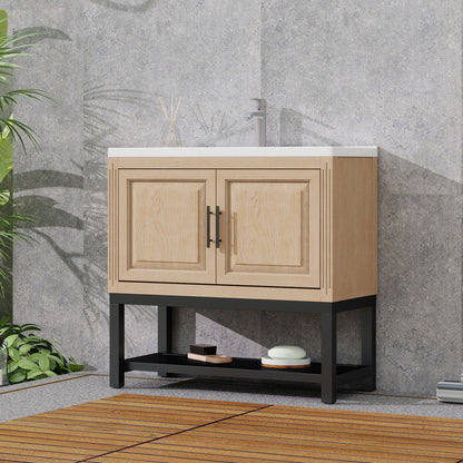 Modern Freestanding Bathroom Vanity With Ceramic Sink, Hot And Cold Faucet, Storage Cabinet &amp; Open Shelf