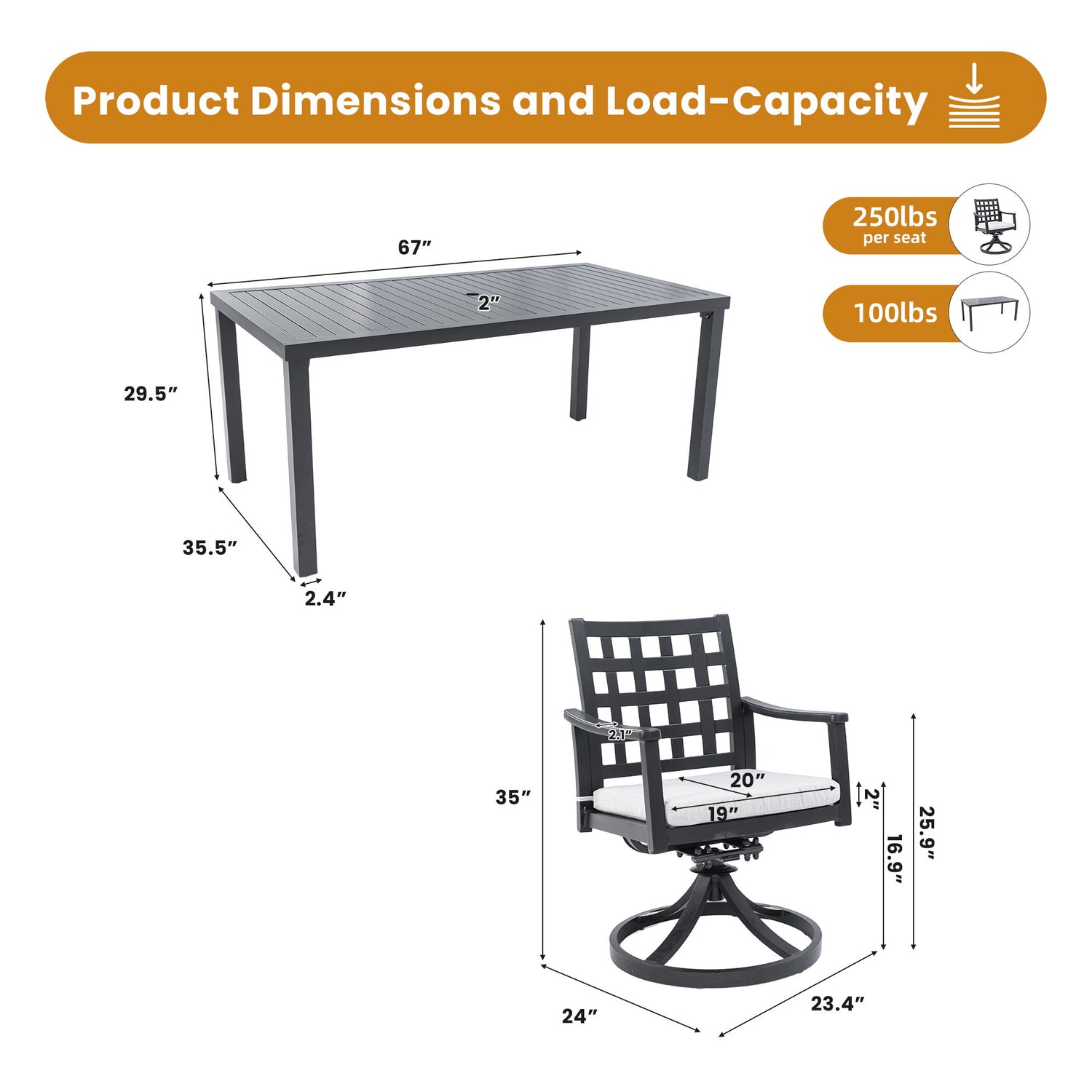 Modern Classic Outdoor Patio Dining Set, Rectangular Table &amp; Dining Chairs, Rust Free, Weather Resistant