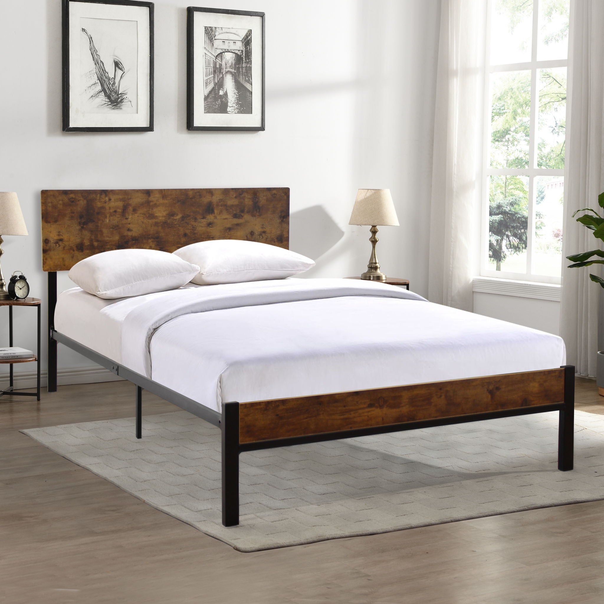 Modern Twin Size Metal Bed Frame Sturdy System Metal &amp; Wood - Black