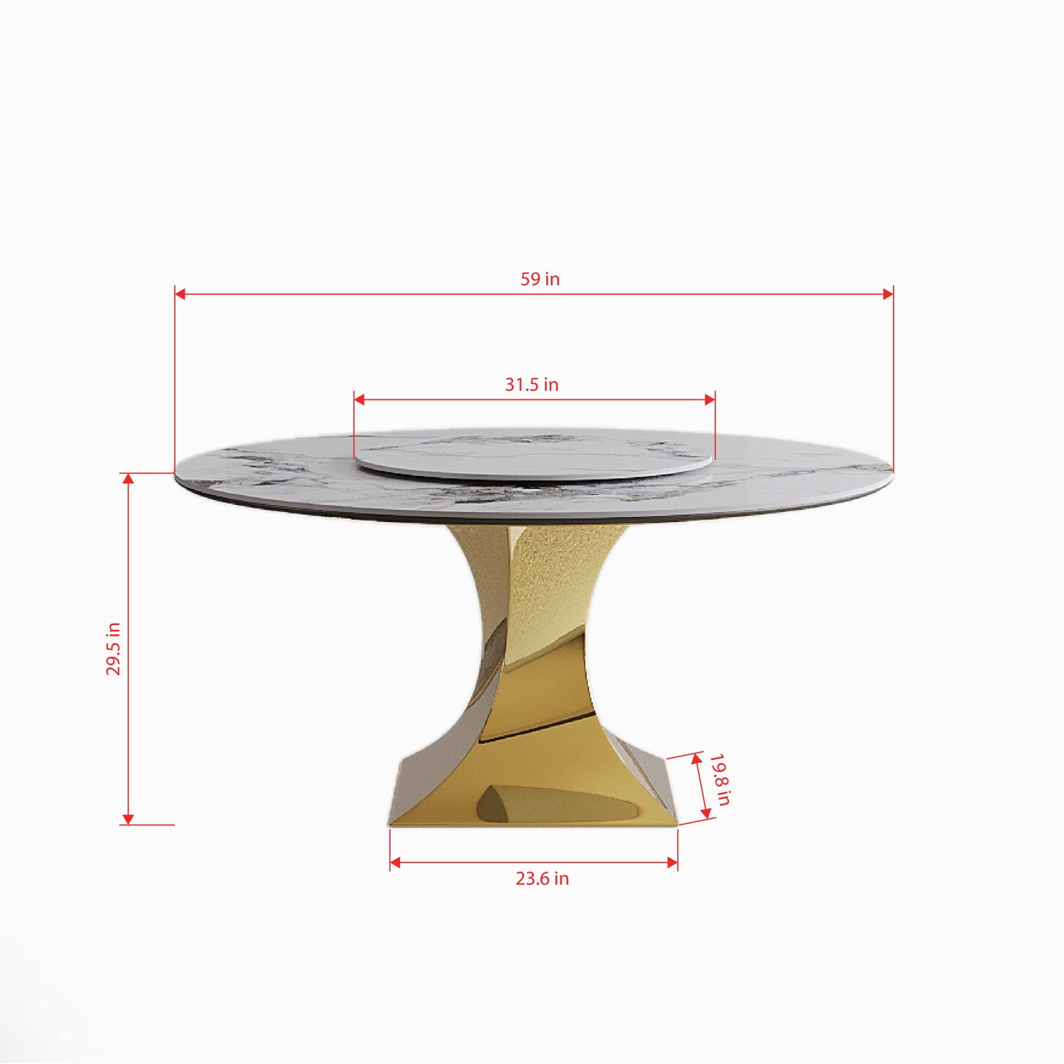Luxury Round 59&quot; Sintered Stone Dining Table With Stainless Steel Hourglass Base, Scratch &amp; Heat Resistant Surface - Golden / White