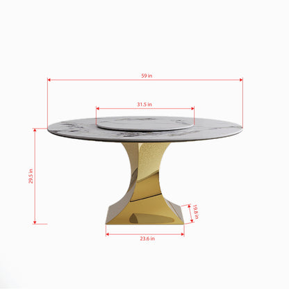 Luxury Round 59&quot; Sintered Stone Dining Table With Stainless Steel Hourglass Base, Scratch &amp; Heat Resistant Surface - Golden / White
