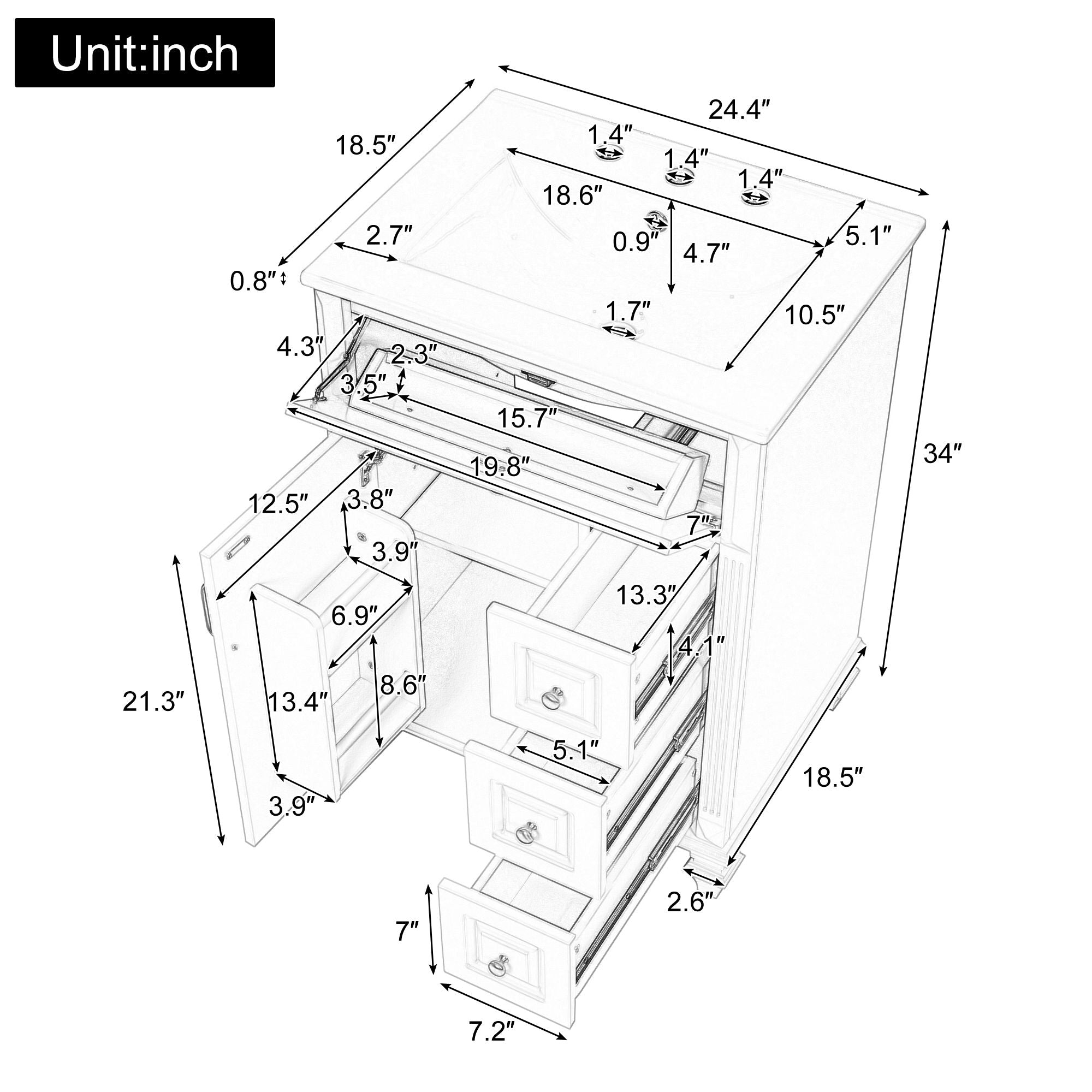 Freestanding Bathroom Vanity With Sink, 3 Drawers &amp; Flip-Out Drawer
