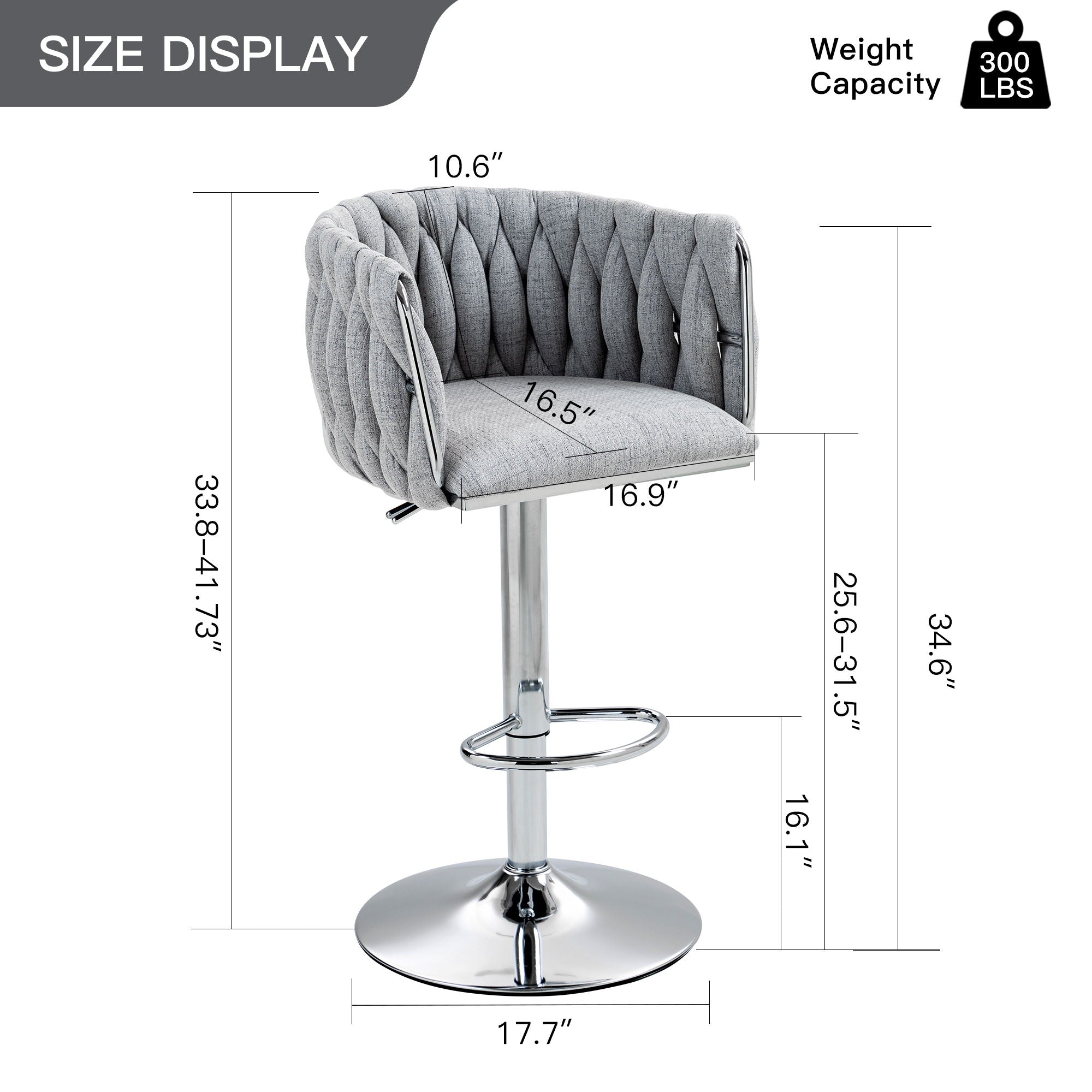 360 Degree Swivel Bar Stools Adjustable Counter Height Bar Chairs With Woven Back &amp; Footrest, Silver Chromed Bar Stools For Kitchen Island (Set of 2) - Gray