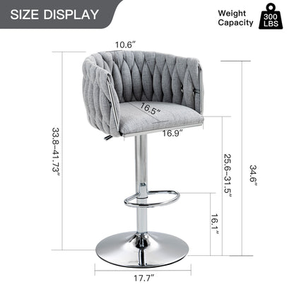360 Degree Swivel Bar Stools Adjustable Counter Height Bar Chairs With Woven Back &amp; Footrest, Silver Chromed Bar Stools For Kitchen Island (Set of 2) - Gray