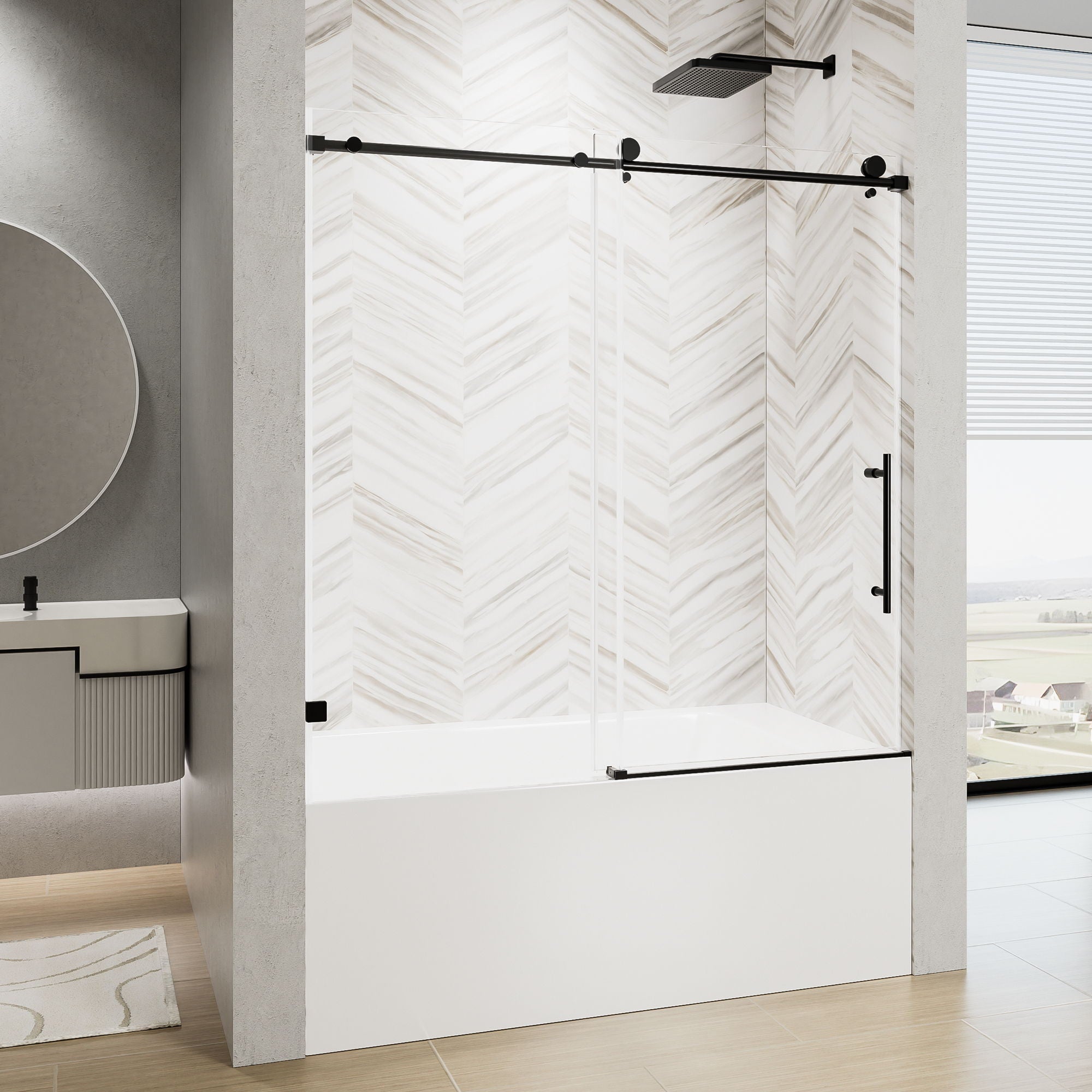 Frameless Single Sliding Shower Door With Soft Close, 5 / 16&quot; Clear Nano Coated Tempered Glass, 60&quot; X 60&quot; - Matte Black
