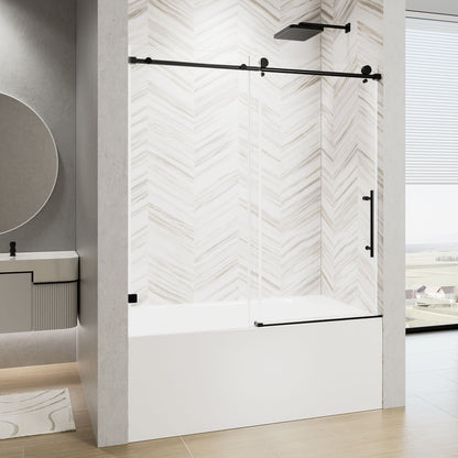 Frameless Single Sliding Shower Door With Soft Close, 5 / 16&quot; Clear Nano Coated Tempered Glass, 60&quot; X 60&quot; - Matte Black