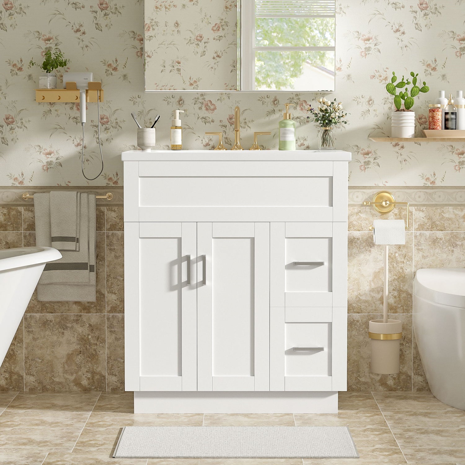 Bathroom Vanity With 2 Doors, 2 Drawers, Adjustable Shelf, Hidden Slides &amp; Soft Close Hinges