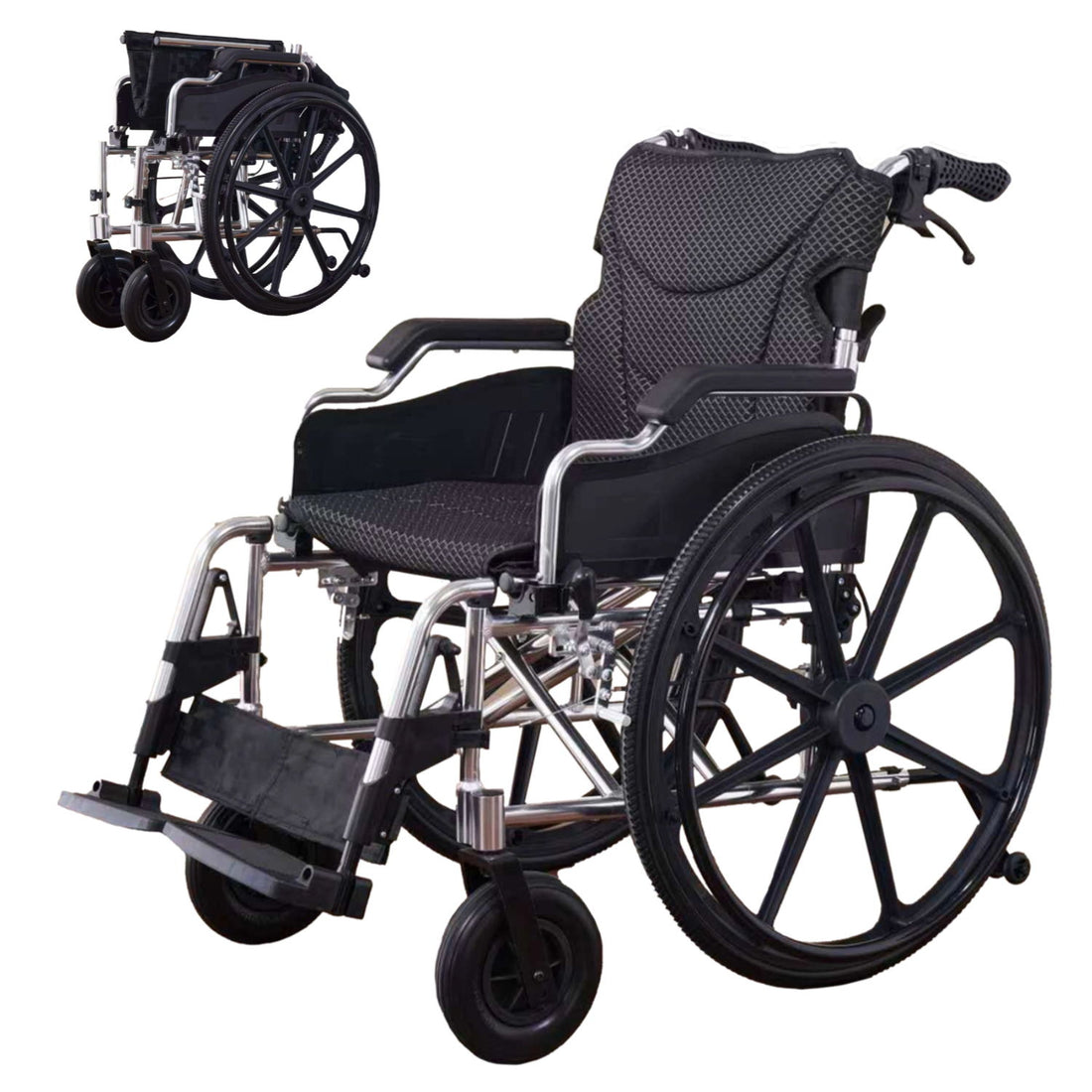 Heavy Duty Foldable Manual Wheelchair Double X Force Support With Adjustable Seat Belt Breathable Cushion &amp; Anti Backflip Design 24&quot; Tires For All Terrains 350 Lbs Capacity - Black / Silver