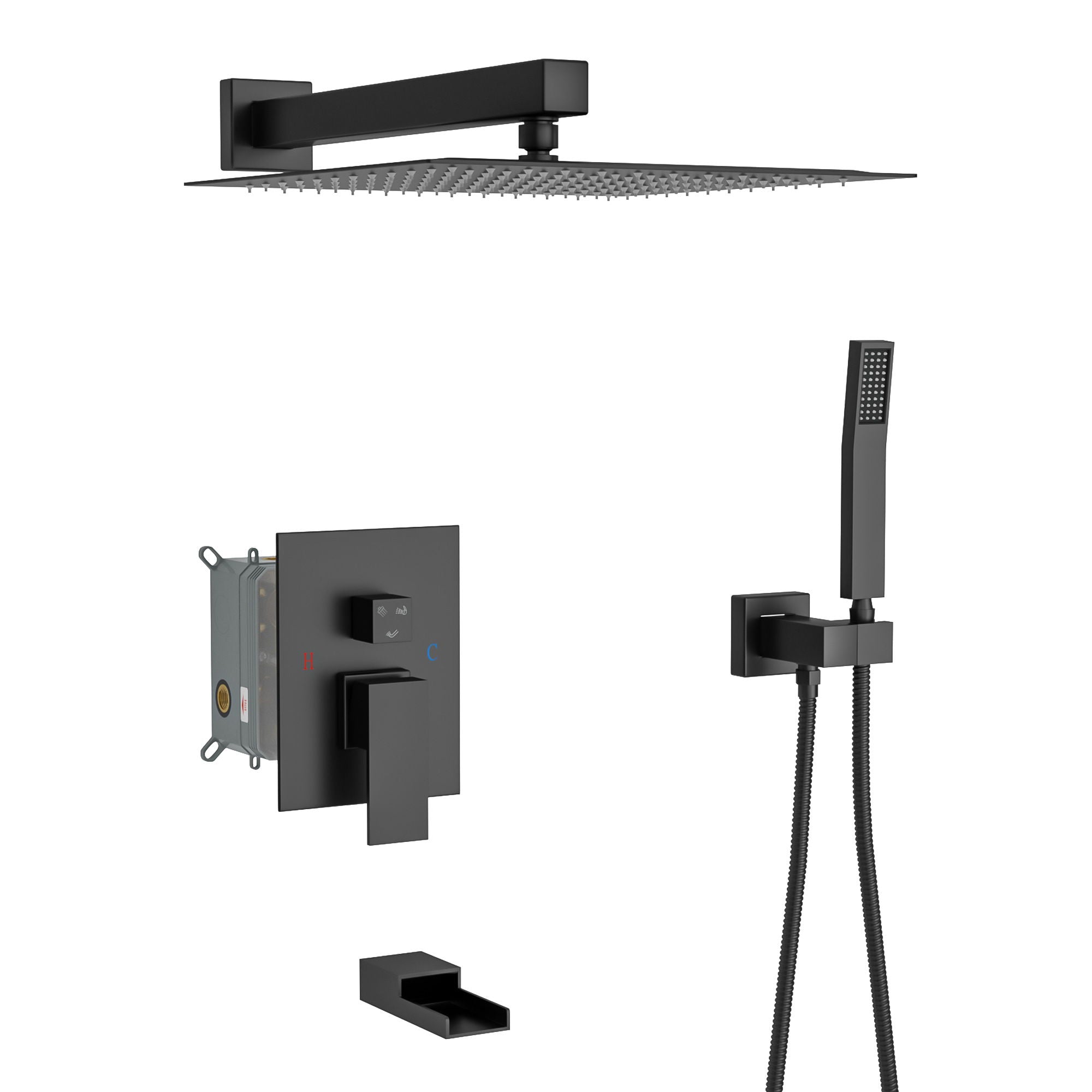 Wall Mounted Square Shower System With Waterfall Tub Spout, 12&quot; Rainfall Shower Head And Handheld Shower - Matte Black