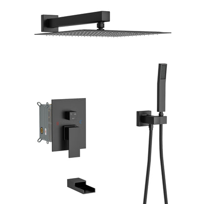 Wall Mounted Square Shower System With Waterfall Tub Spout, 12&quot; Rainfall Shower Head And Handheld Shower - Matte Black
