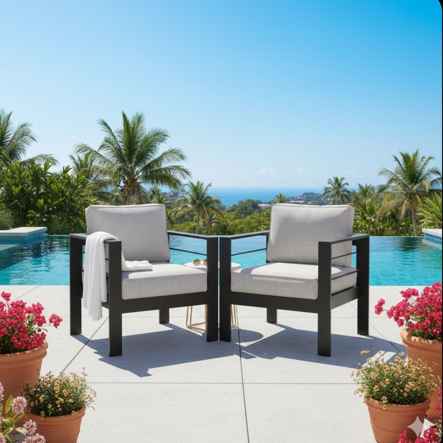 Modern All-Weather Patio Armchairs &amp; Thick Cushions (Set of 2)
