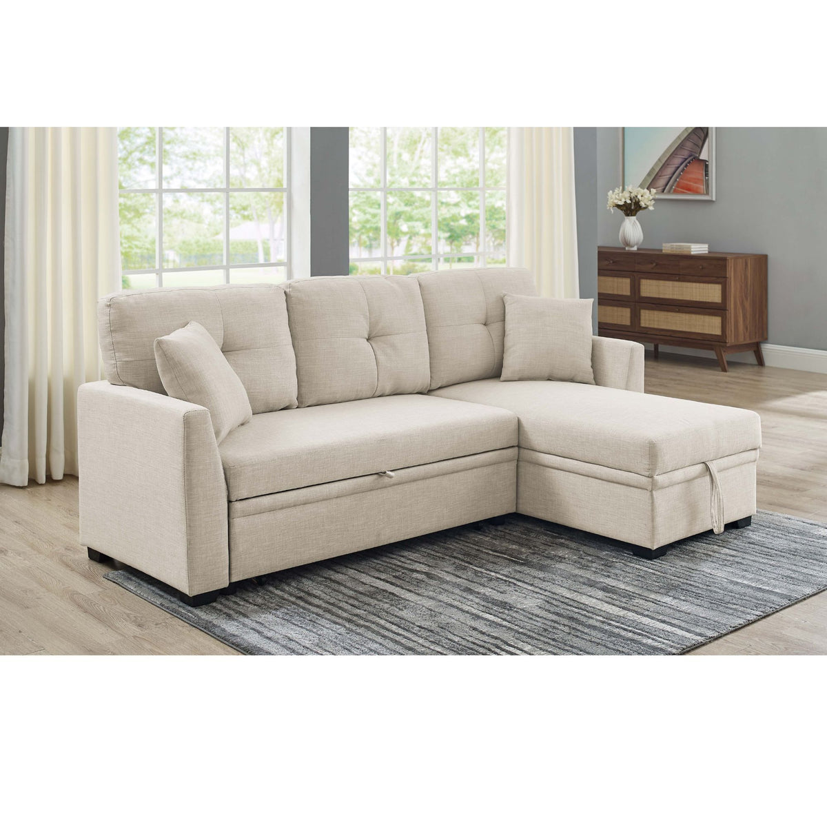 Upholstered Sectional &amp; Pull Out Bed And Chaise Storage - Almond