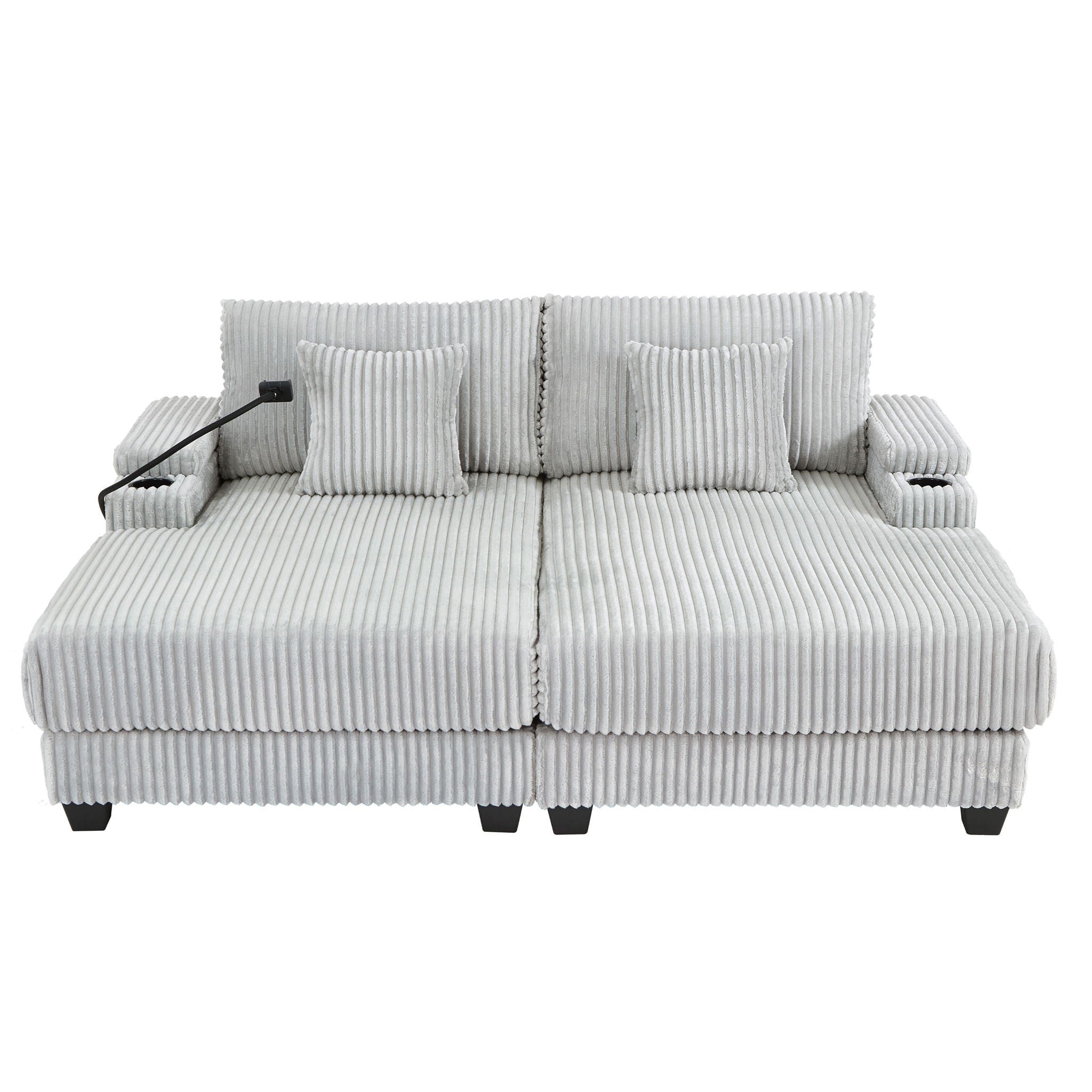 Modern Chaise Sofa With Adjustable Backrest, Cup Holders, Phone Holder &amp; Storage Compartments For Living Room
