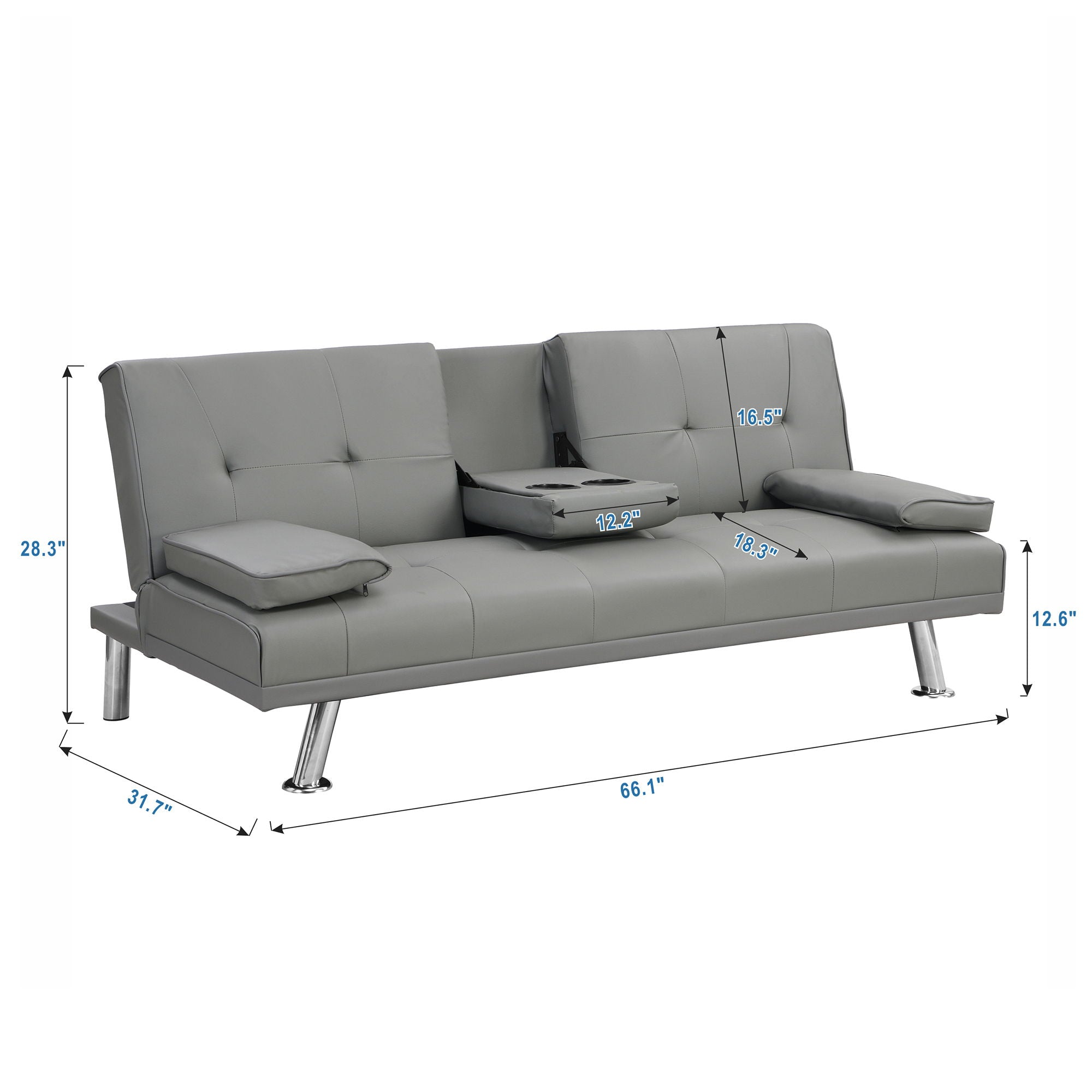 Modern Sofa Bed With Armrest 2 Holders, Wood Frame &amp; Stainless Leg