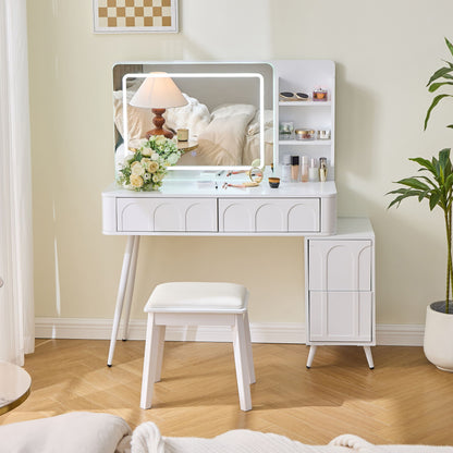 Modern Makeup Vanity Desk With LED Lights &amp; Mirror 4 Drawer Dressing Table Set Space Saving For Bedroom - White